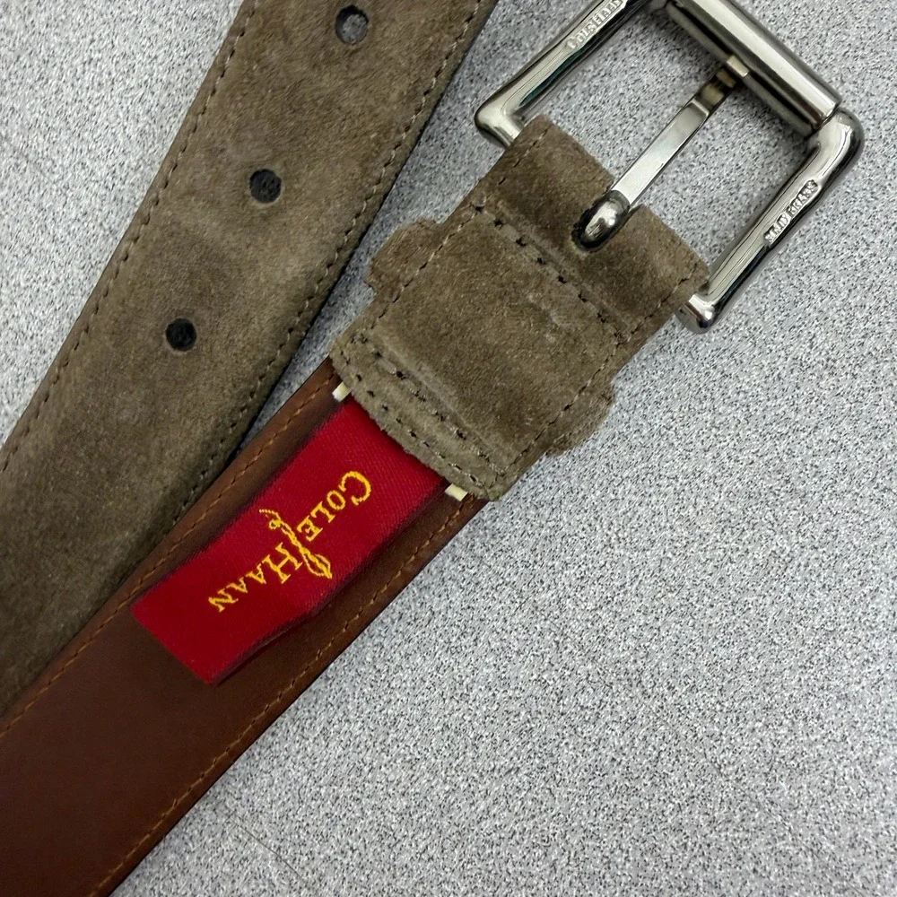 Cole Haan Belt Mens Size 38 Brown Suede Leather Silver Tone Buckle